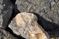 Calcaire coquiller et corallien concassé (Calcaire de Rumelange), cristaux de calcite